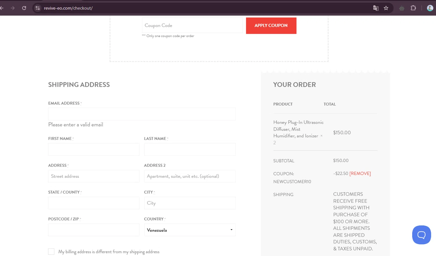 Revive EO coupon code screenshot showing code NEWCUSTOMER10 applied at Revive EO checkout page. Uploaded by SimplyCodes community member elgatobravo on May 13, 2025