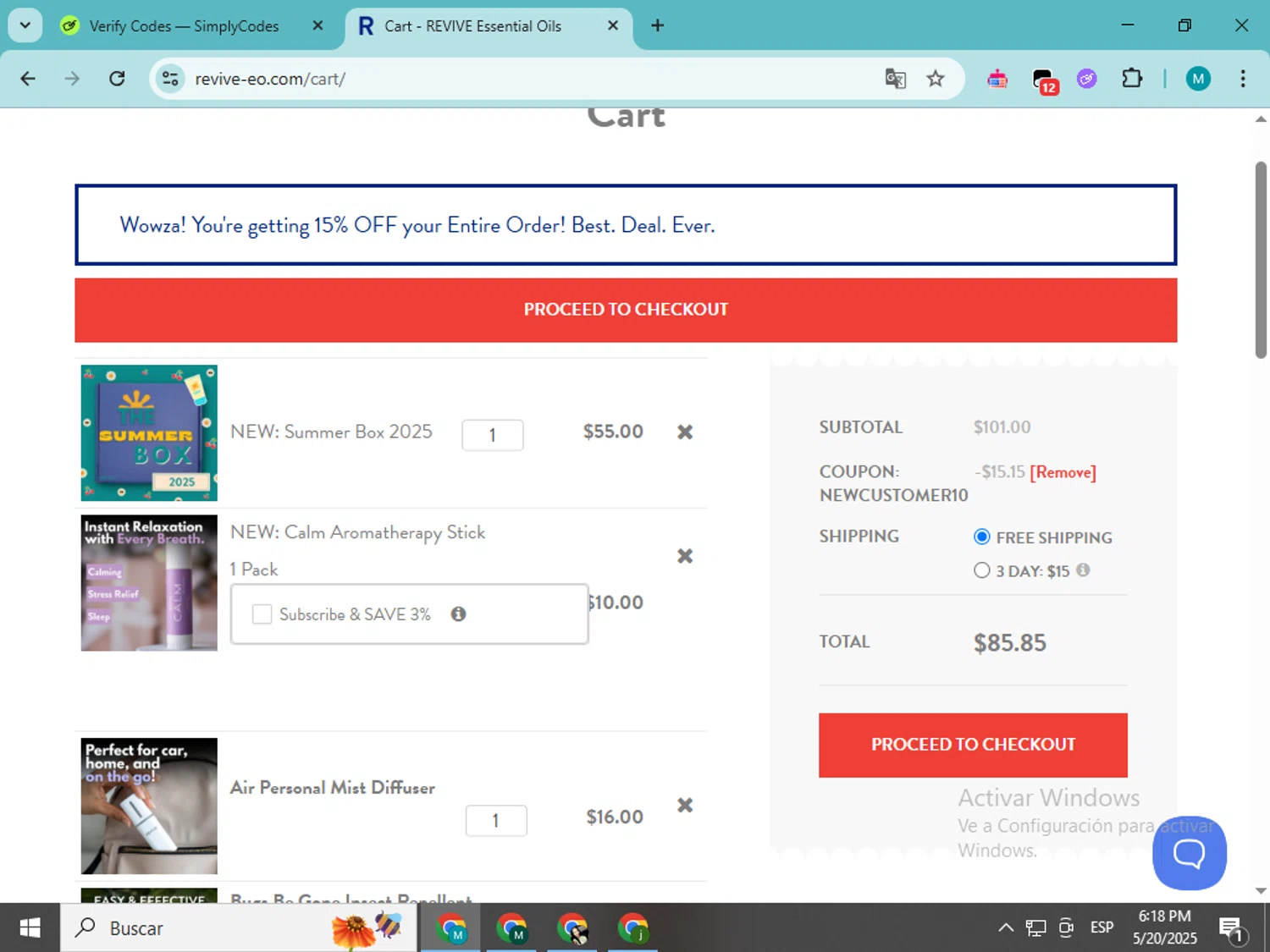 Revive EO coupon code screenshot showing code NEWCUSTOMER10 applied at Revive EO checkout page. Uploaded by SimplyCodes community member estrellaveloz on May 20, 2025
