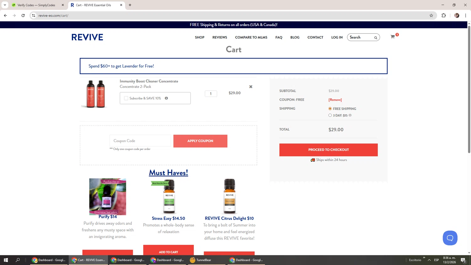 Revive EO checkout page showing Revive EO coupon code box | Screenshot taken by SimplyCodes community member on Feb 13, 2026