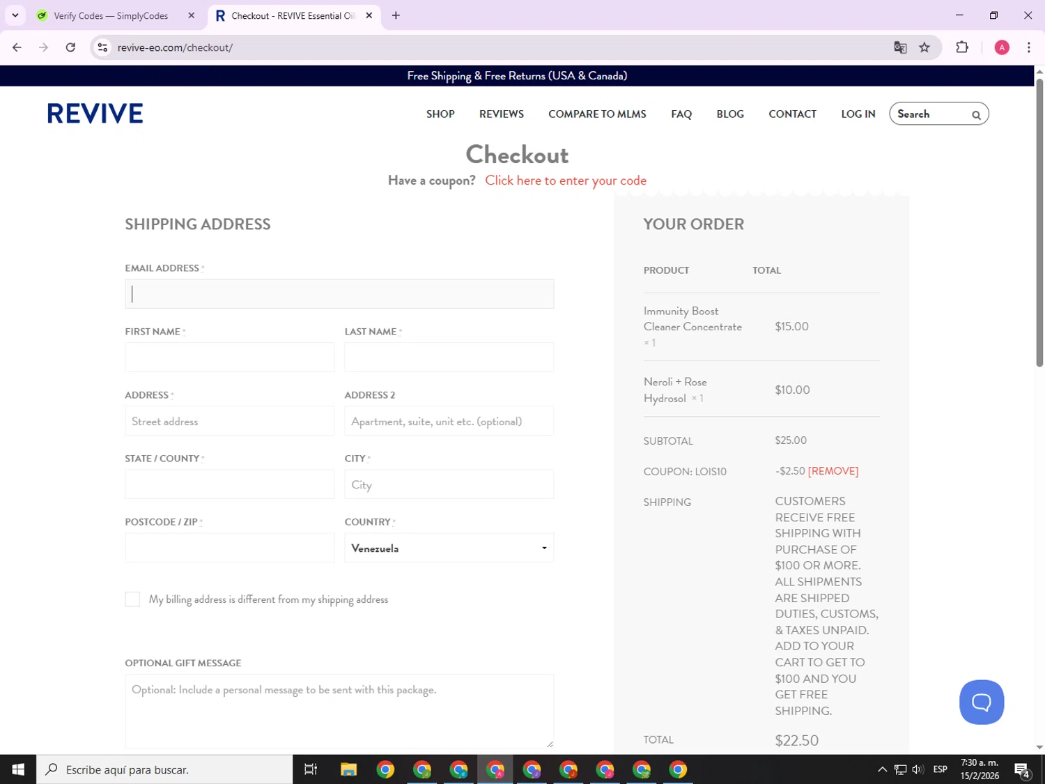Revive EO checkout page showing Revive EO coupon code box | Screenshot taken by SimplyCodes community member on Feb 15, 2026