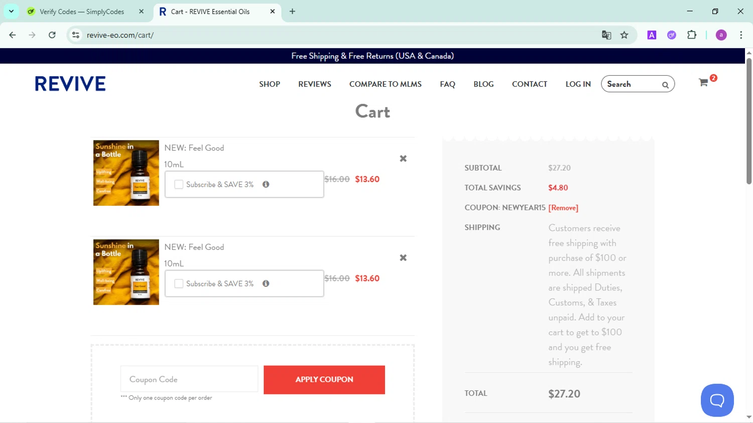 Revive EO coupon code screenshot showing code newyear15 applied at Revive EO checkout page. Uploaded by SimplyCodes community member FortunatePilot2384 on Jun 18, 2025