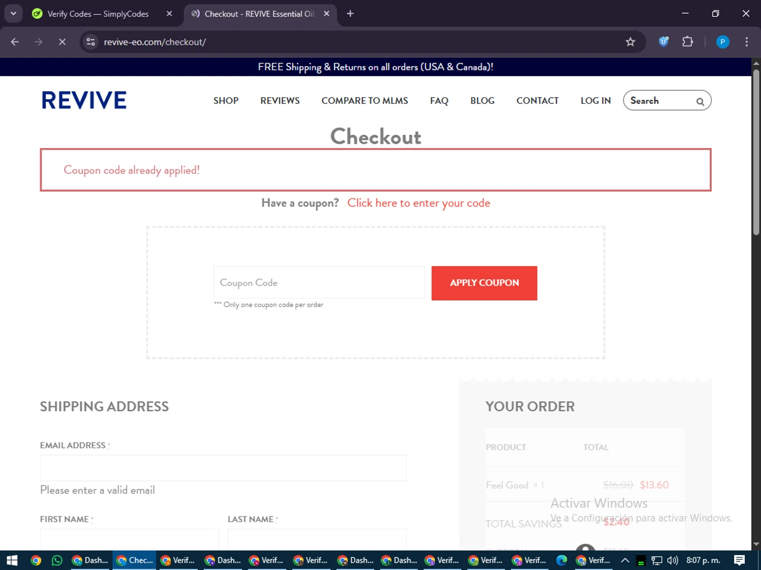 Revive EO coupon code screenshot showing code newyear15 applied at Revive EO checkout page. Uploaded by SimplyCodes community member juiceWRLD on Jun 18, 2025