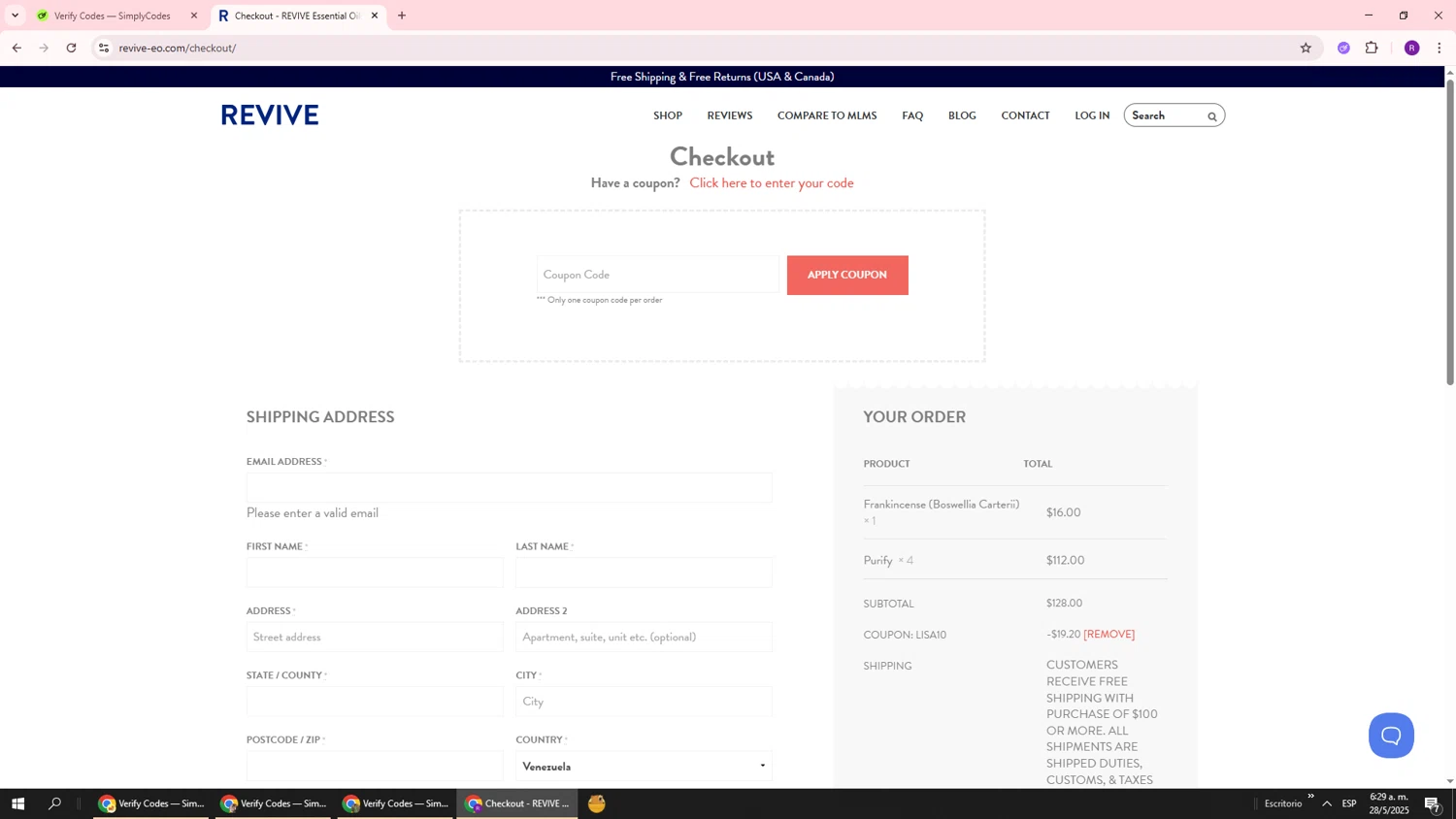 Revive EO coupon code screenshot showing code Lisa10 applied at Revive EO checkout page. Uploaded by SimplyCodes community member ukemochi on May 28, 2025