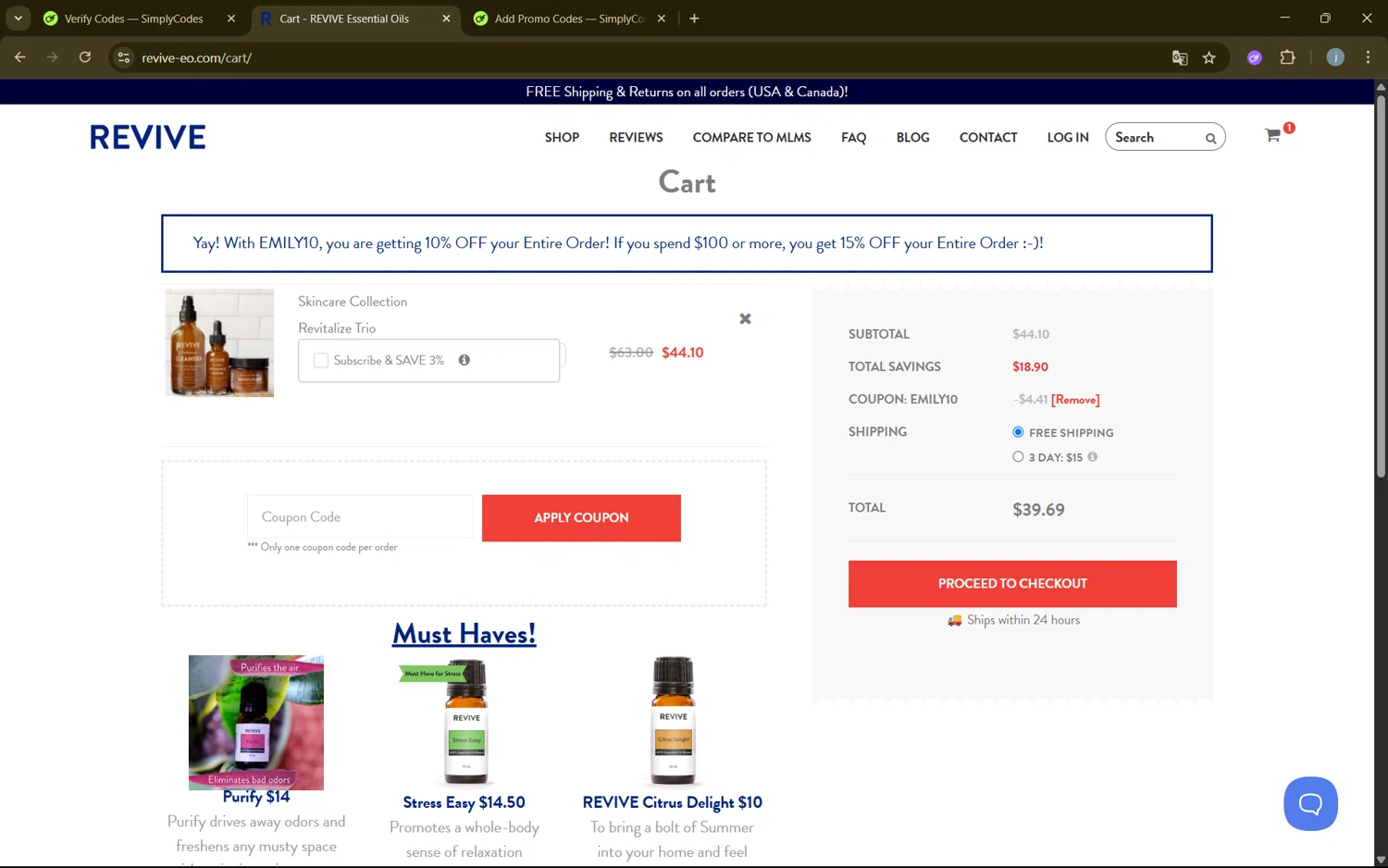 Revive EO coupon code screenshot showing code EMILY10 applied at Revive EO checkout page. Uploaded by SimplyCodes community member frijolito on Jun 25, 2025