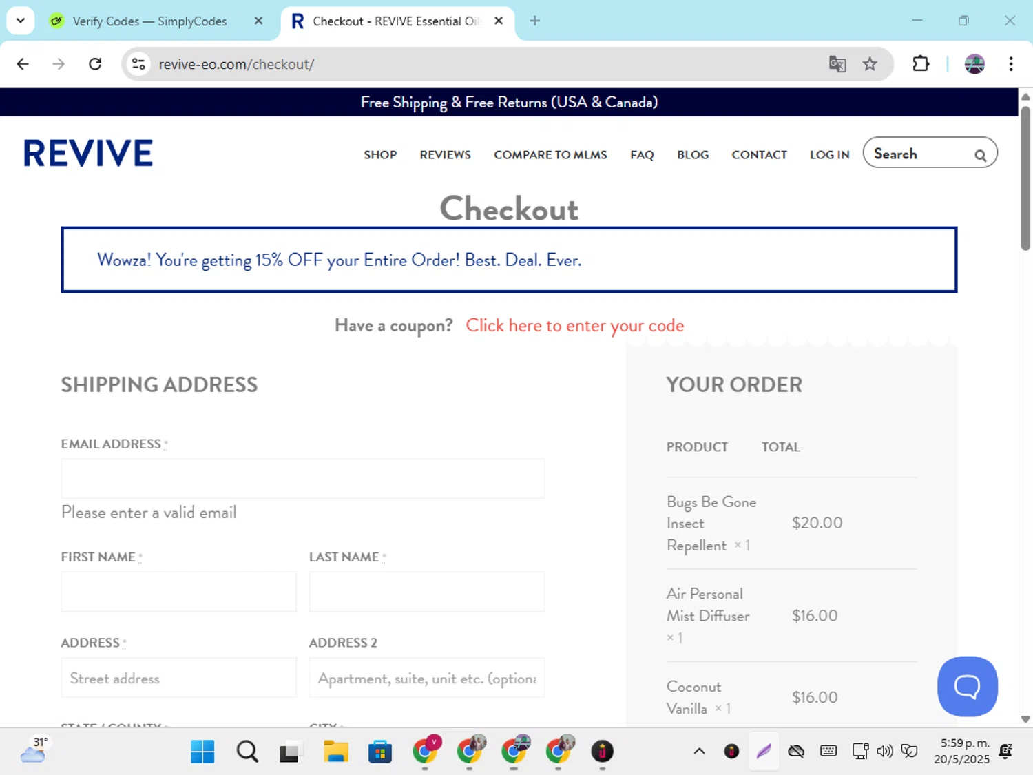 Revive EO coupon code screenshot showing code EMILY10 applied at Revive EO checkout page. Uploaded by SimplyCodes community member DiscountGenius6081 on May 20, 2025