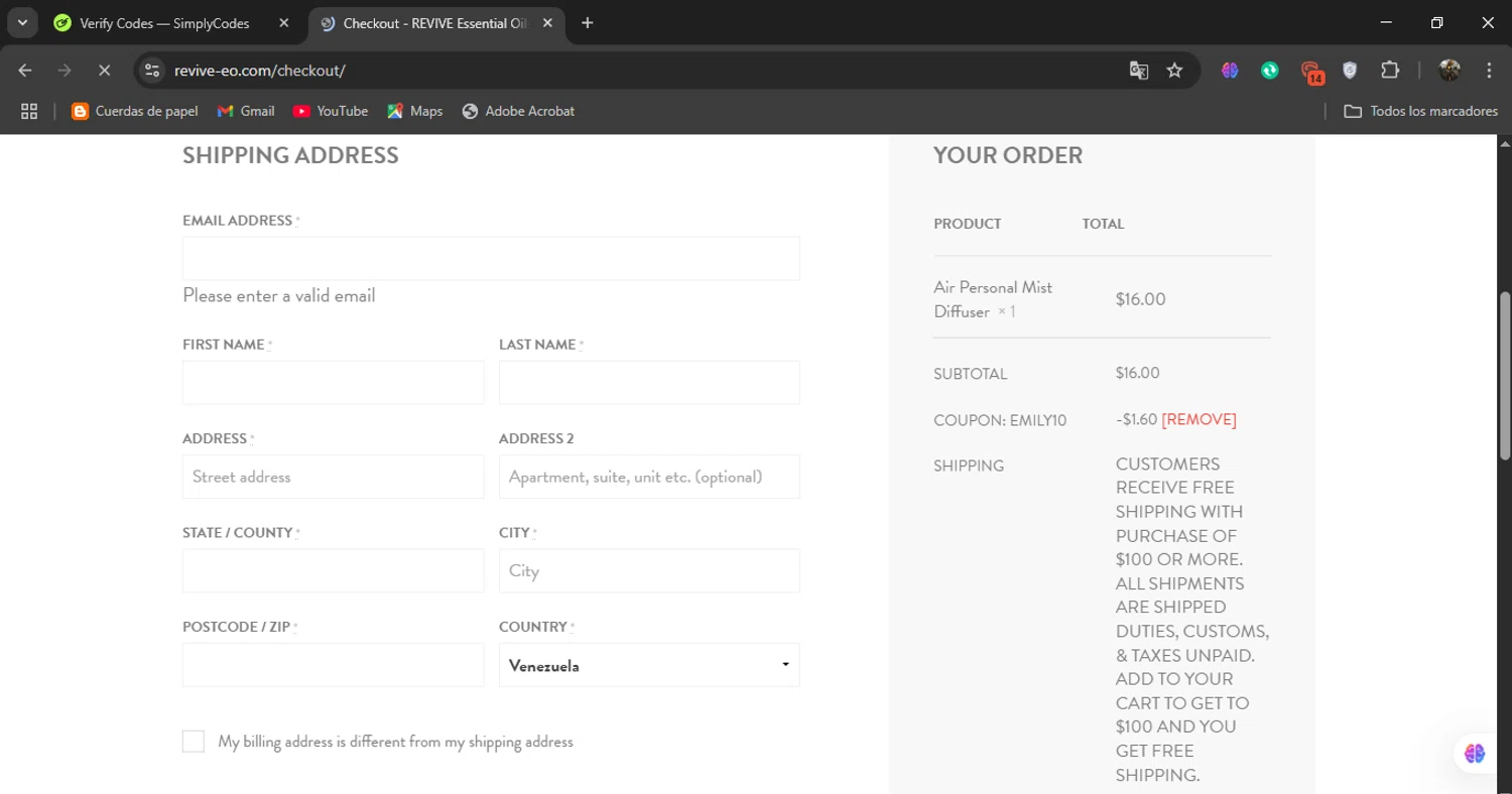 Revive EO coupon code screenshot showing code EMILY10 applied at Revive EO checkout page. Uploaded by SimplyCodes community member naimbethak on May 13, 2025