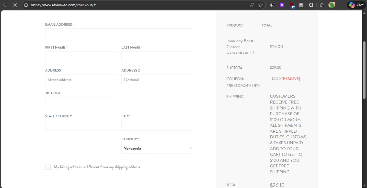 Revive EO coupon code screenshot showing code FREETOMOTHER10 applied at Revive EO checkout page. Uploaded by SimplyCodes community member PrincessCoupon on Feb 7, 2026
