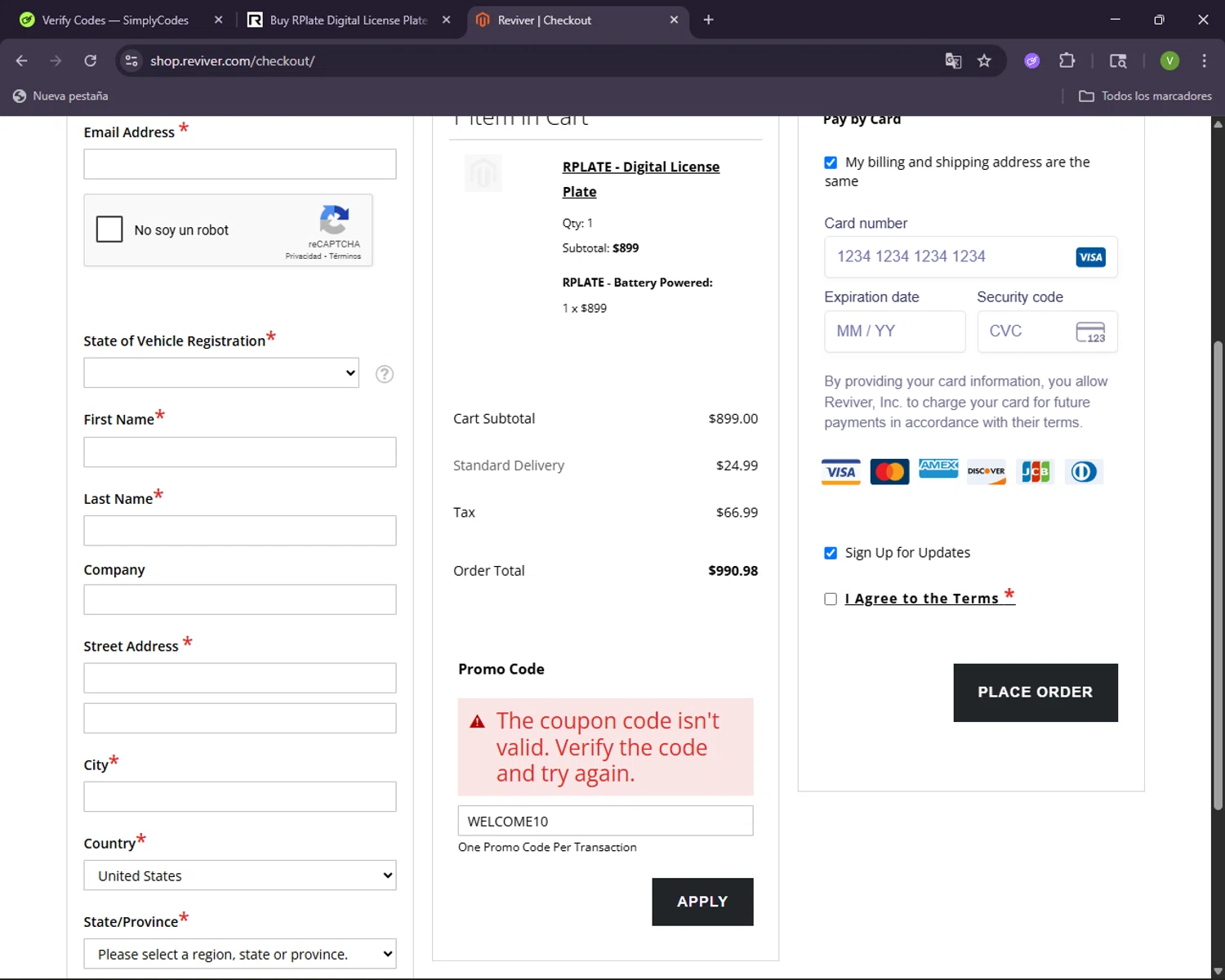 Reviver discount code screenshot showing code WELCOME10 applied at Reviver checkout page. Uploaded by SimplyCodes community member CleverNavigator1236 on Nov 4, 2025