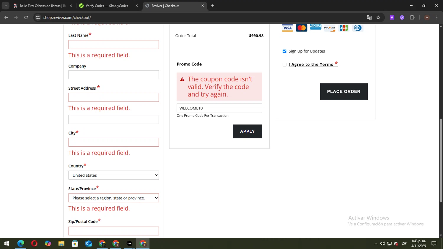 Reviver discount code screenshot showing code WELCOME10 applied at Reviver checkout page. Uploaded by SimplyCodes community member elbicho22 on Nov 4, 2025