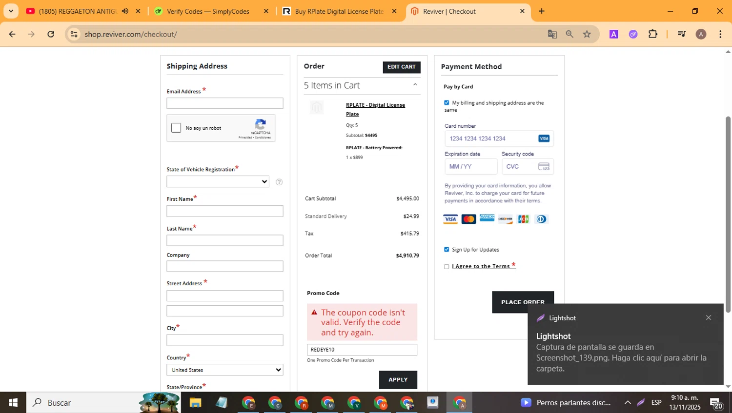 Reviver discount code screenshot showing code REDEYE10 applied at Reviver checkout page. Uploaded by SimplyCodes community member CoinHunter8661 on Nov 13, 2025
