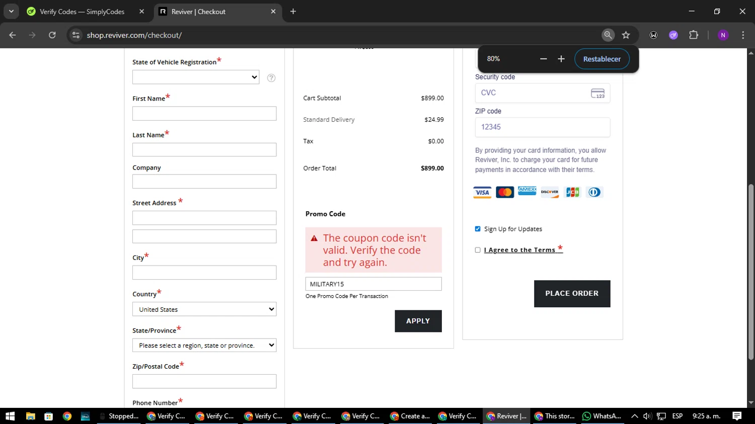 Reviver discount code screenshot showing code MILITARY15 applied at Reviver checkout page. Uploaded by SimplyCodes community member NATAAAAAANAELCANO on Aug 18, 2025