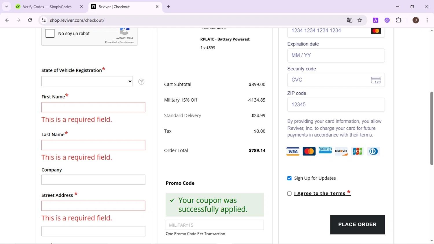 Reviver checkout page showing Reviver discount code box | Screenshot taken by SimplyCodes community member on Jun 21, 2025