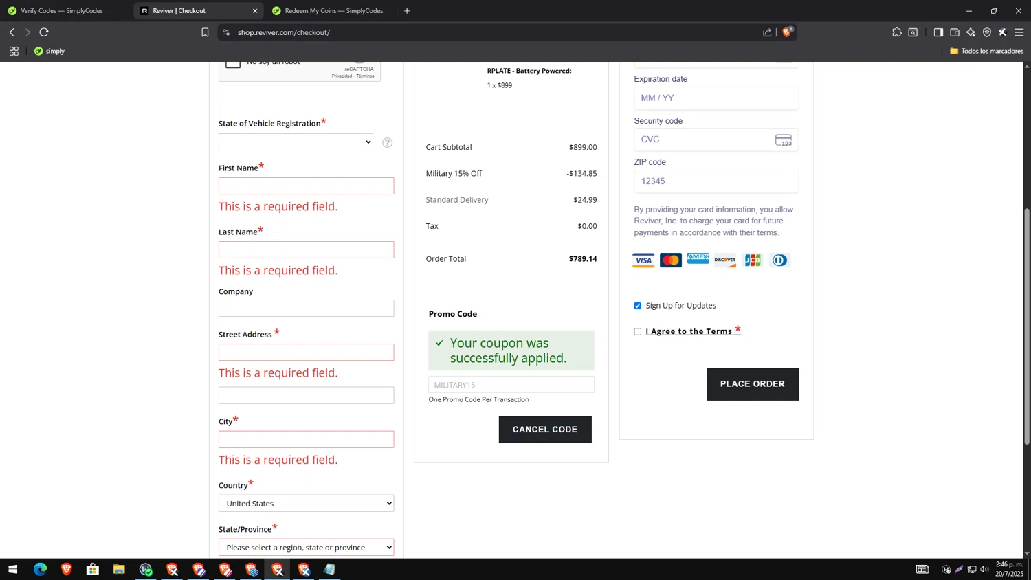 Reviver checkout page showing Reviver discount code box | Screenshot taken by SimplyCodes community member on Jul 20, 2025