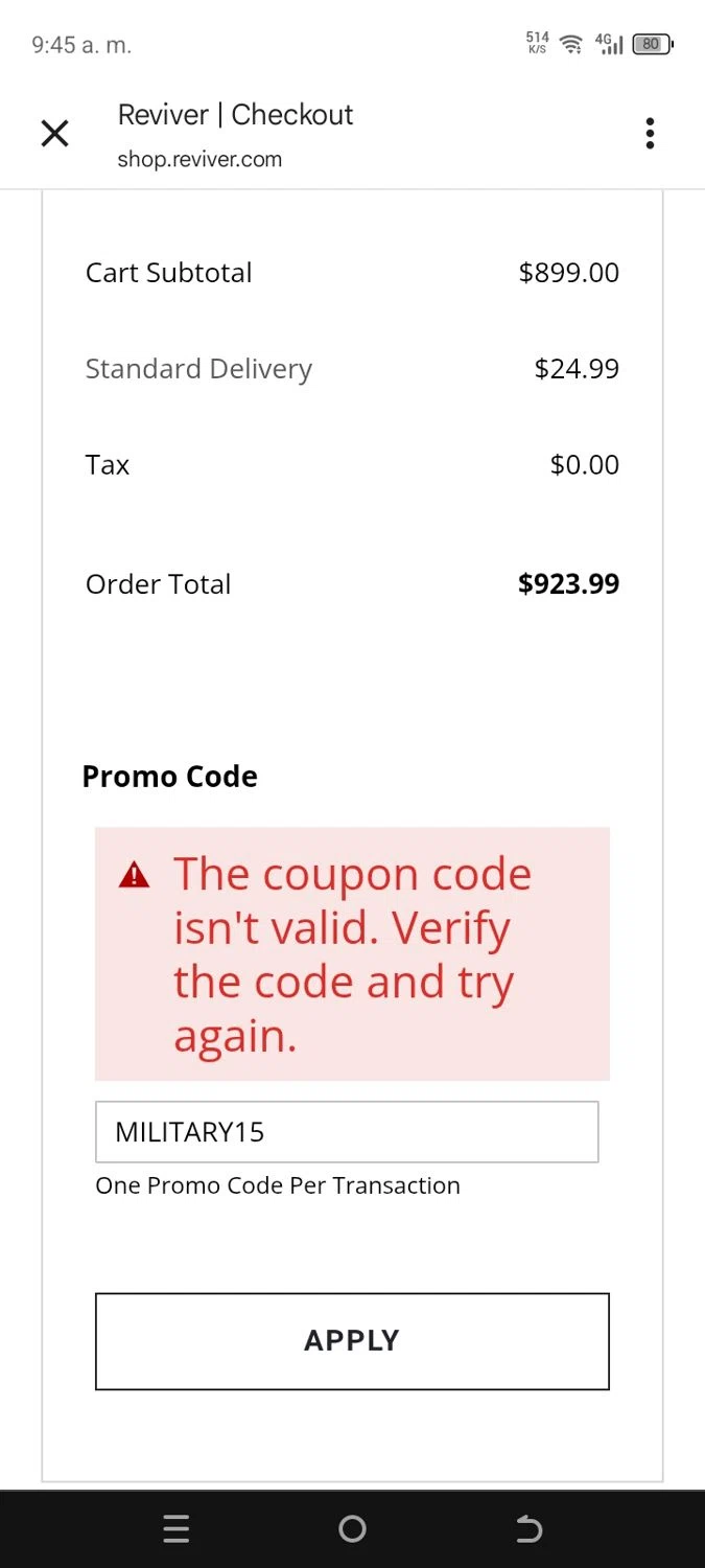 Reviver discount code screenshot showing code MILITARY15 applied at Reviver checkout page. Uploaded by SimplyCodes community member miguelquevedo on Aug 18, 2025