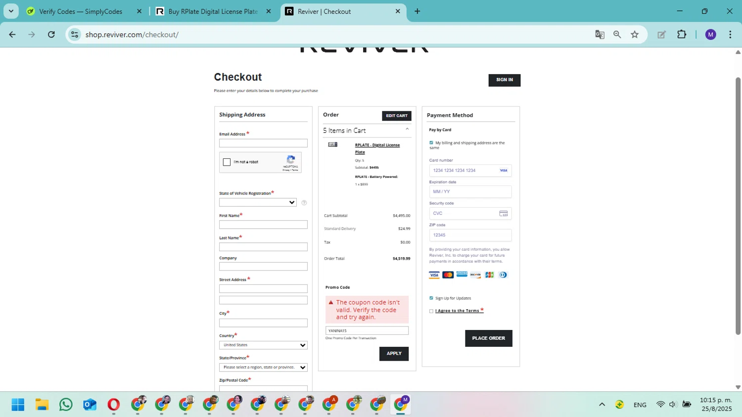 Reviver discount code screenshot showing code YANINA15 applied at Reviver checkout page. Uploaded by SimplyCodes community member Fundolaroca on Aug 26, 2025