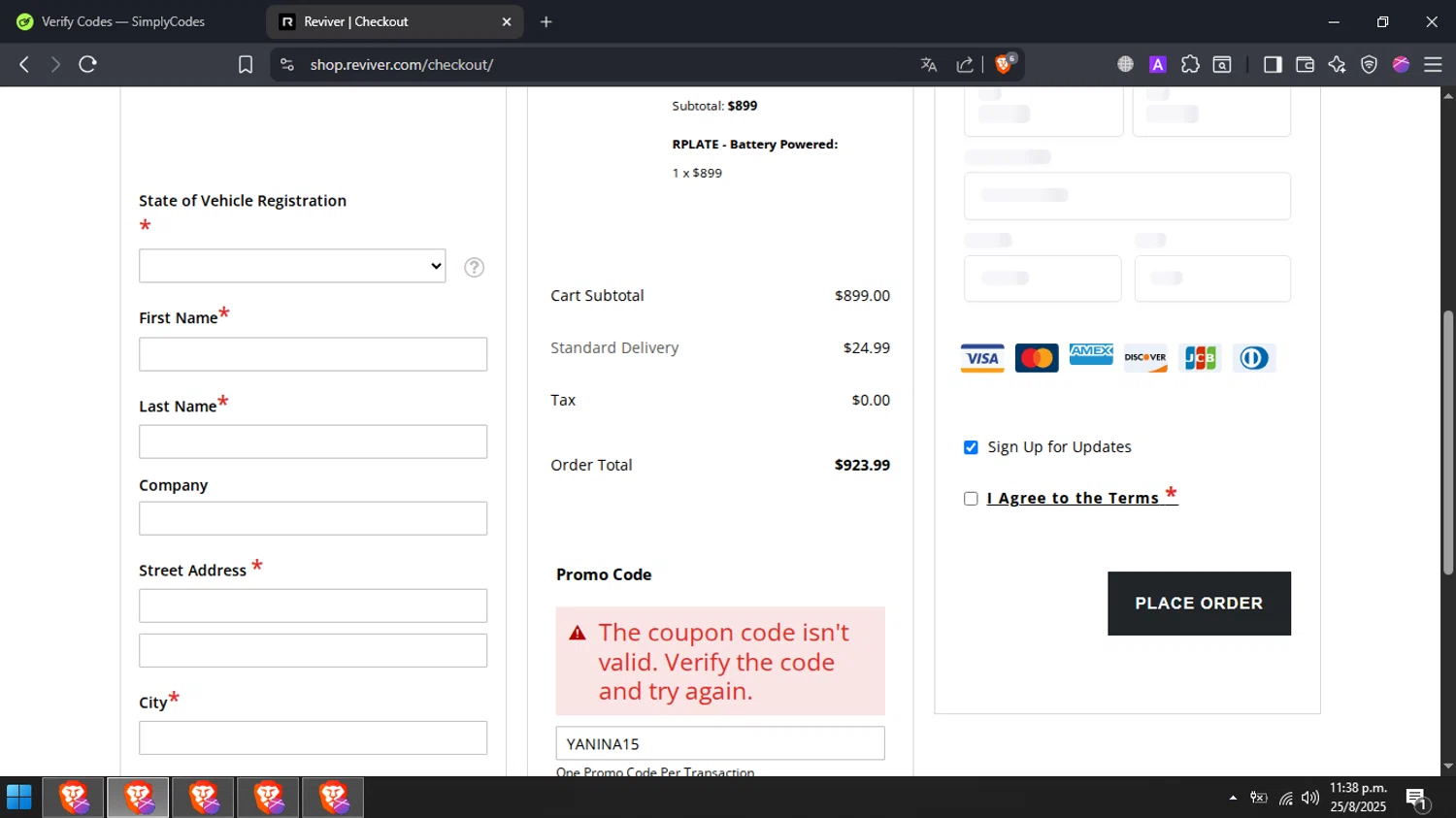 Reviver discount code screenshot showing code YANINA15 applied at Reviver checkout page. Uploaded by SimplyCodes community member MightyPro980 on Aug 26, 2025