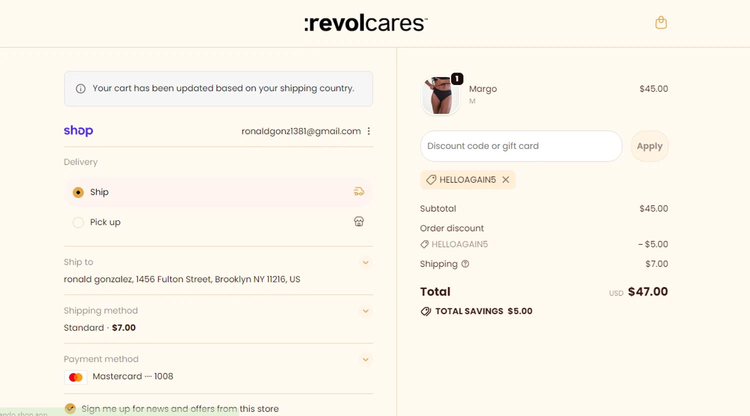Revol Cares discount code screenshot showing code helloagain5 applied at Revol Cares checkout page. Uploaded by SimplyCodes community member Ronald13 on Sep 30, 2025