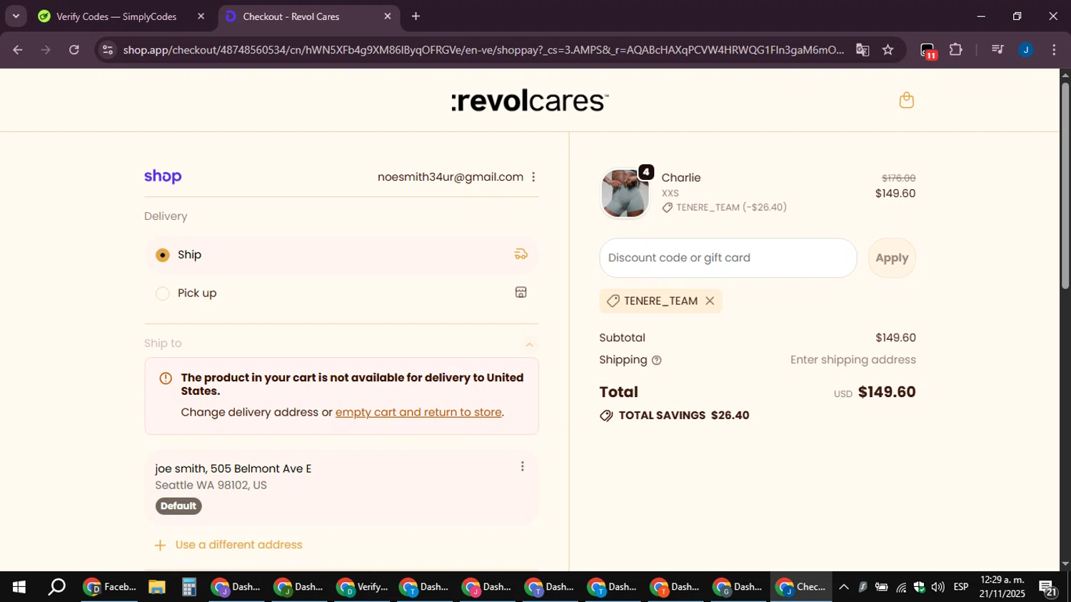 Revol Cares discount code screenshot showing code TENERE_TEAM applied at Revol Cares checkout page. Uploaded by SimplyCodes community member noesmith34ur on Nov 21, 2025