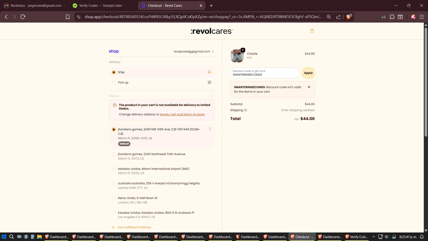 Revol Cares discount code screenshot showing code SMARTERINSECONDS applied at Revol Cares checkout page. Uploaded by SimplyCodes community member Amidamaru on Nov 16, 2025