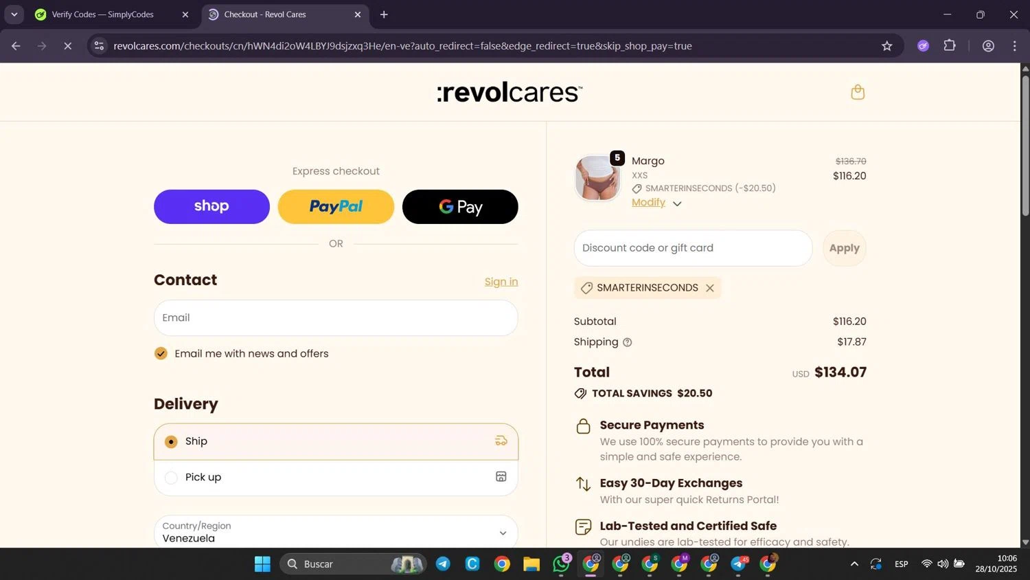 Revol Cares discount code screenshot showing code SMARTERINSECONDS applied at Revol Cares checkout page. Uploaded by SimplyCodes community member Puppet on Oct 28, 2025