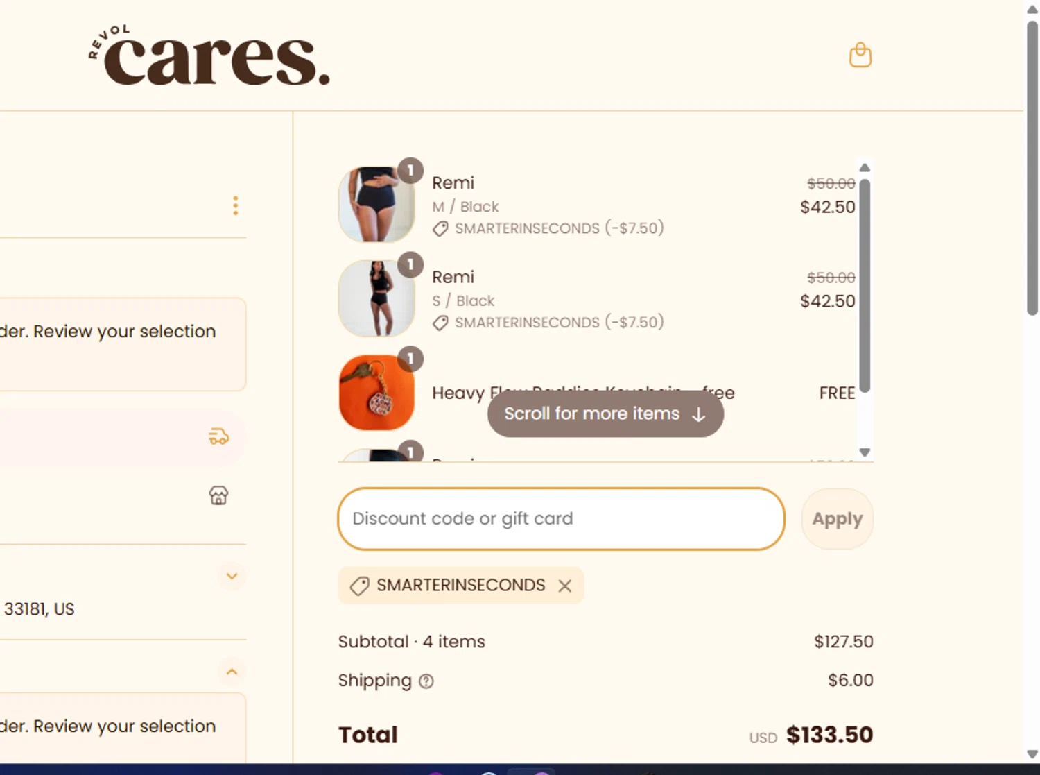 Revol Cares discount code screenshot showing code SMARTERINSECONDS applied at Revol Cares checkout page. Uploaded by SimplyCodes community member GoldLynx7797 on Mar 20, 2025