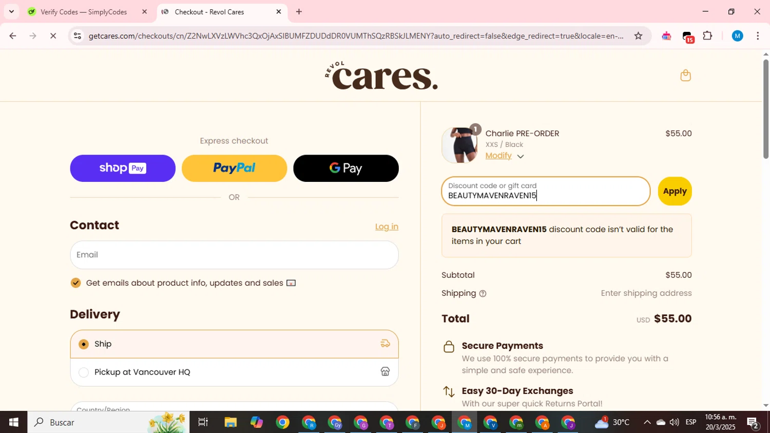 Revol Cares discount code screenshot showing code BEAUTYMAVENRAVEN15 applied at Revol Cares checkout page. Uploaded by SimplyCodes community member LegendaryCurator1585 on Mar 20, 2025