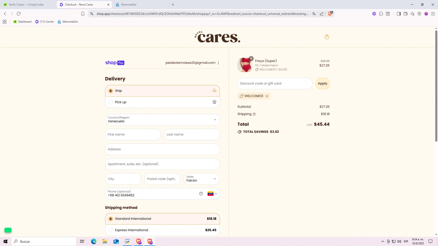 Revol Cares discount code screenshot showing code WELCOME10 applied at Revol Cares checkout page. Uploaded by SimplyCodes community member 9p99p9p on Aug 10, 2025