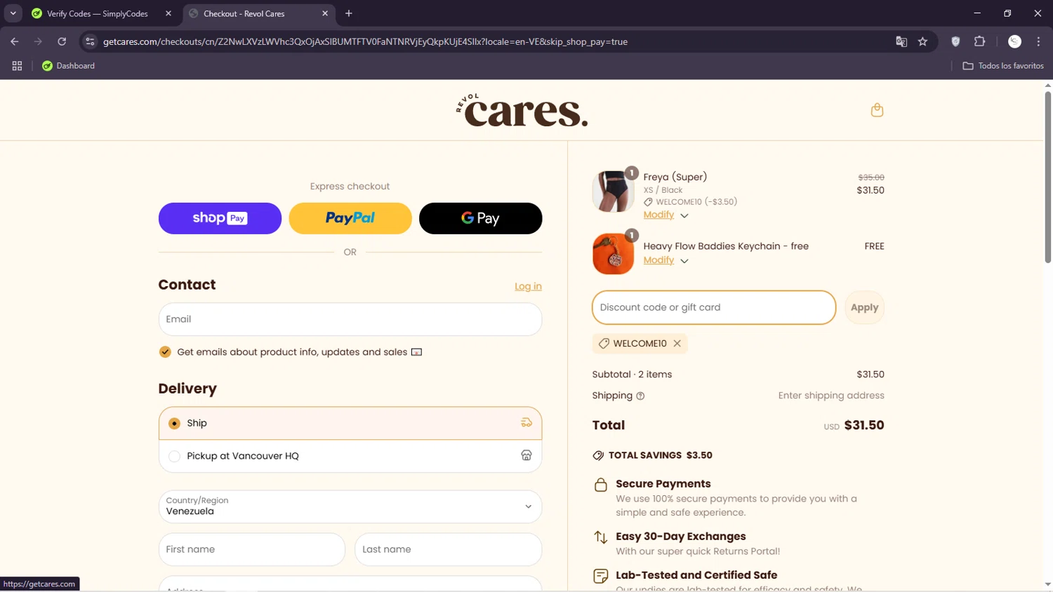Revol Cares discount code screenshot showing code WELCOME10 applied at Revol Cares checkout page. Uploaded by SimplyCodes community member ScanSage643 on Mar 20, 2025