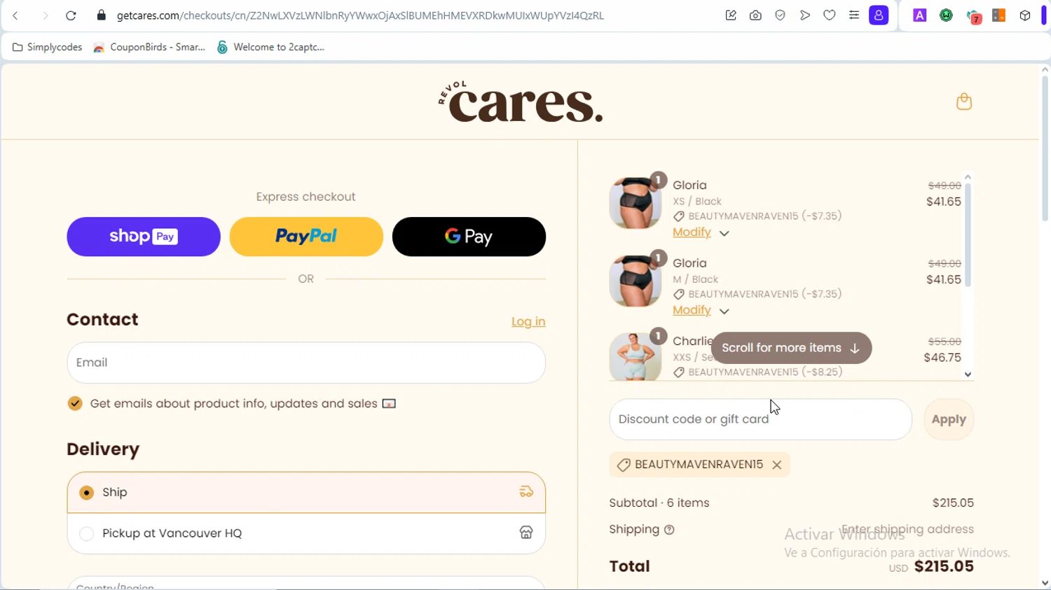 Revol Cares discount code screenshot showing code BEAUTYMAVENRAVEN15 applied at Revol Cares checkout page. Uploaded by SimplyCodes community member LOVECOUPON on Mar 20, 2025