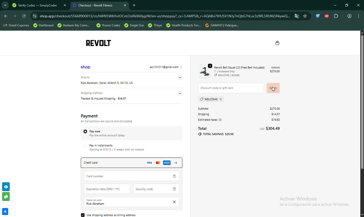 Revolt Fitness discount code screenshot showing code WELCOME applied at Revolt Fitness checkout page. Uploaded by SimplyCodes community member LHaunter on Nov 20, 2025