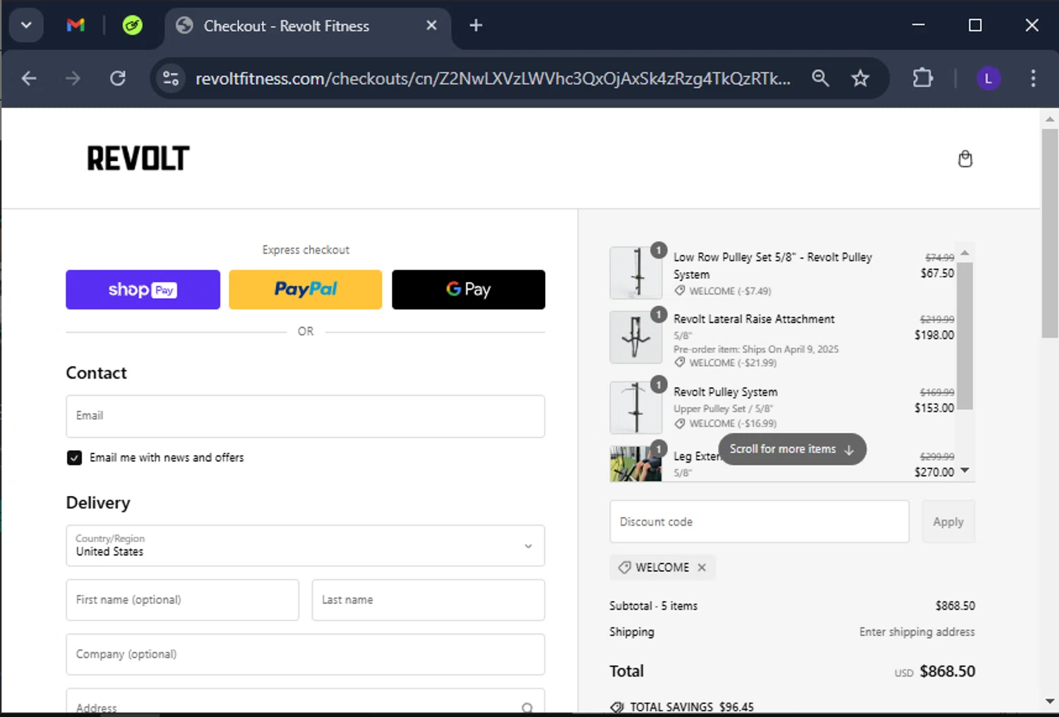 Revolt Fitness discount code screenshot showing code WELCOME applied at Revolt Fitness checkout page. Uploaded by SimplyCodes community member CoinElite8726 on Feb 27, 2025
