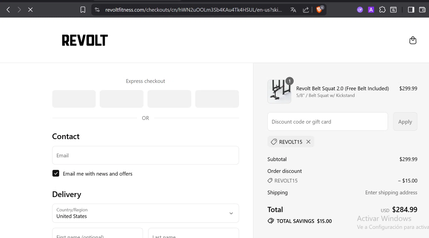 Revolt Fitness discount code screenshot showing code REVOLT15 applied at Revolt Fitness checkout page. Uploaded by SimplyCodes community member CashElite5536 on Sep 12, 2025