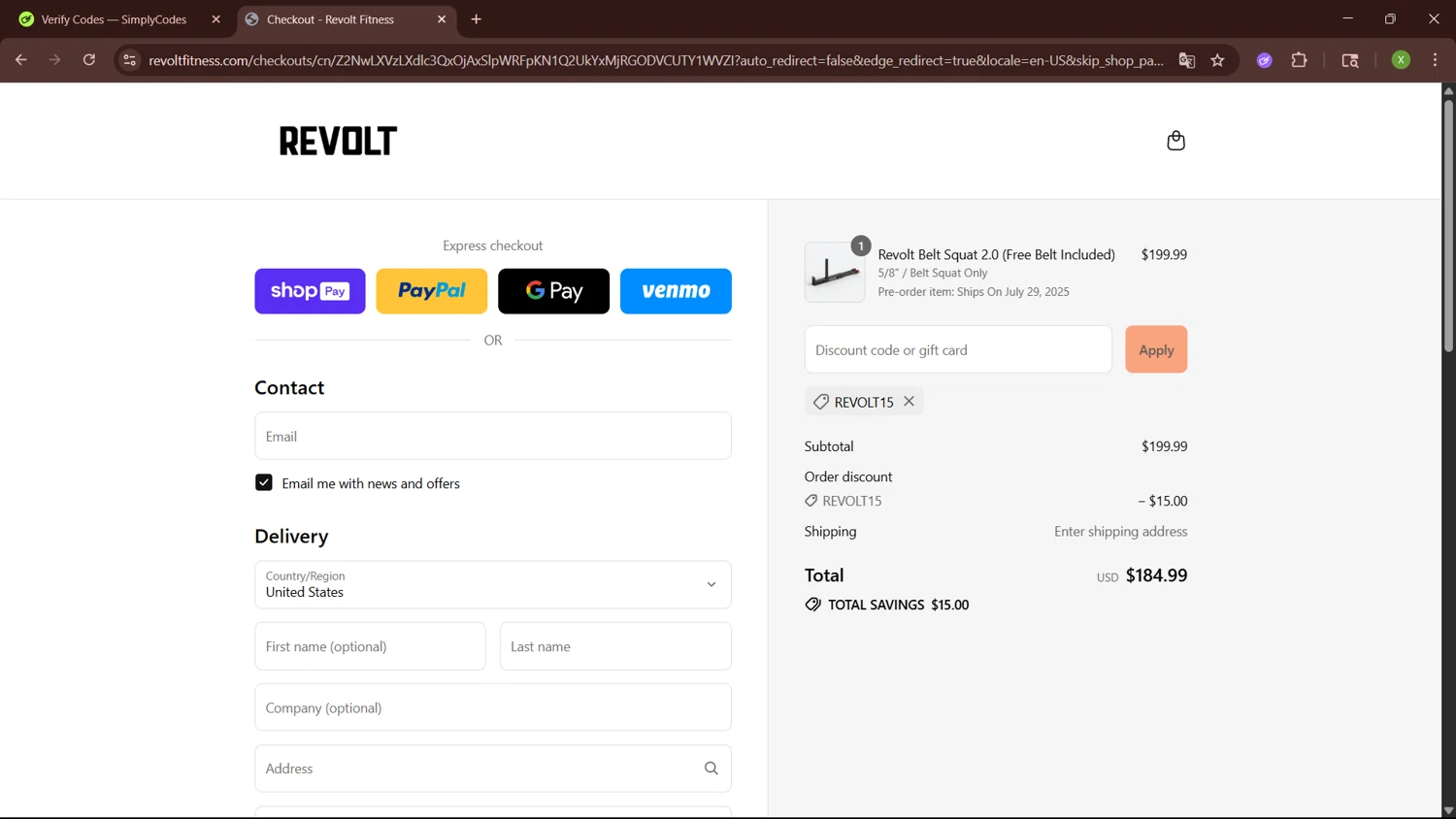 Revolt Fitness discount code screenshot showing code REVOLT15 applied at Revolt Fitness checkout page. Uploaded by SimplyCodes community member SaleTiger1087 on Jul 11, 2025