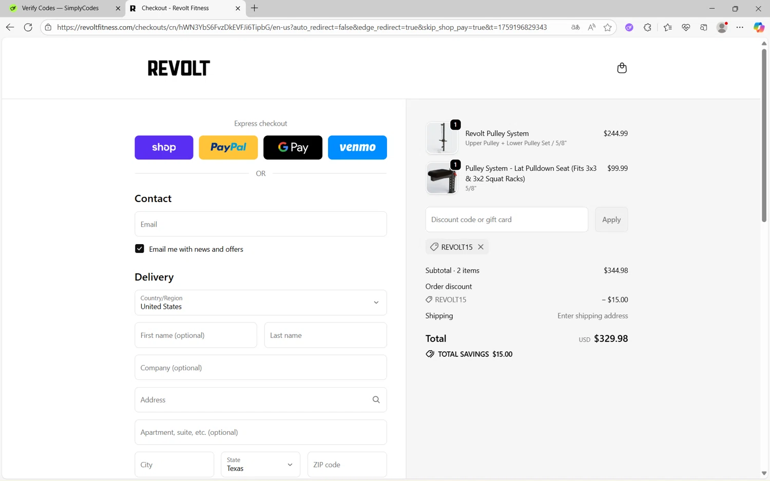 Revolt Fitness discount code screenshot showing code REVOLT15 applied at Revolt Fitness checkout page. Uploaded by SimplyCodes community member Yuyu12 on Sep 30, 2025