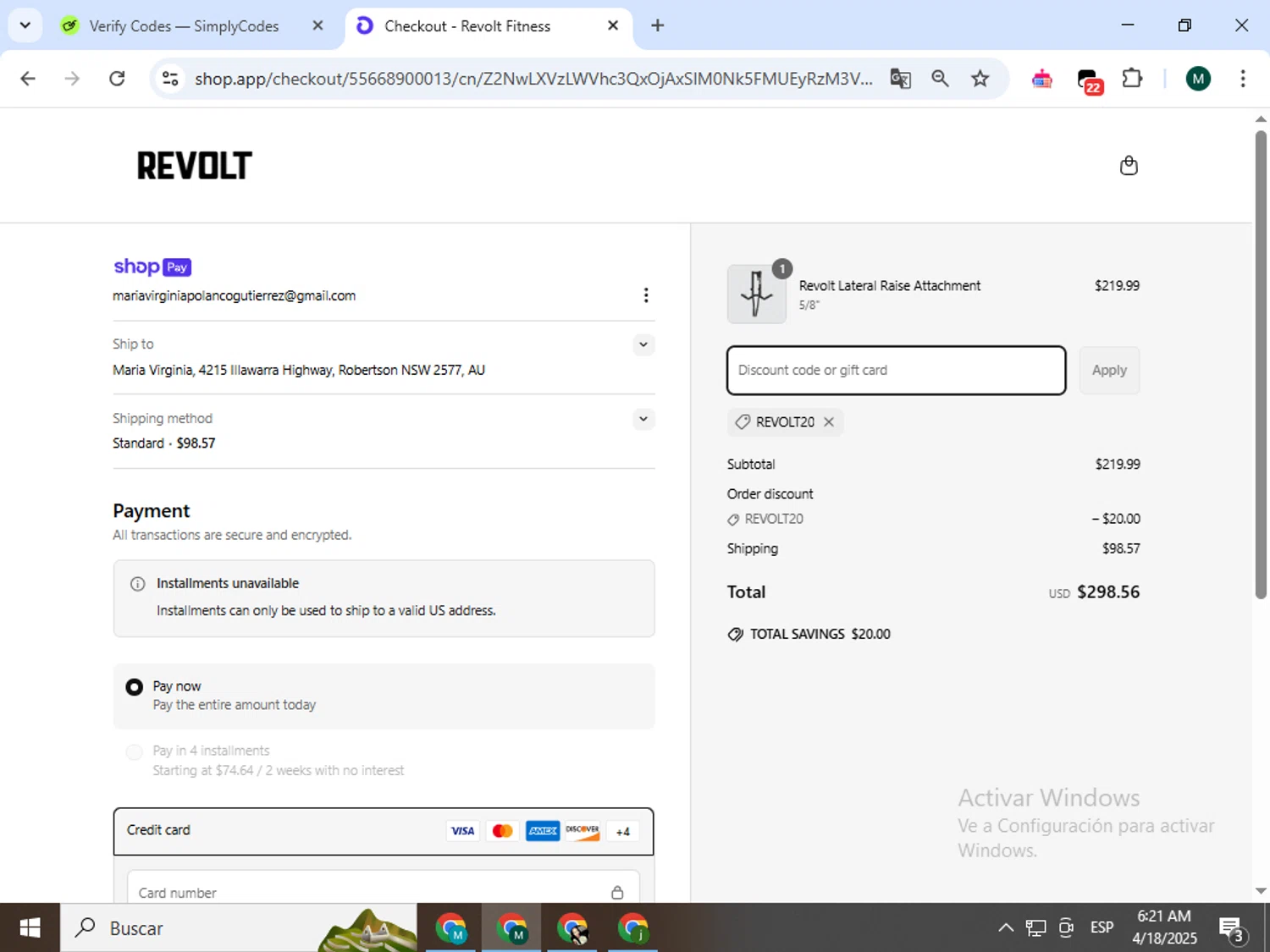 Revolt Fitness discount code screenshot showing code Revolt20 applied at Revolt Fitness checkout page. Uploaded by SimplyCodes community member Jorgeluisvera on Apr 18, 2025
