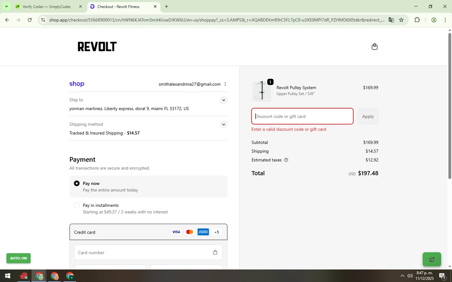 Revolt Fitness discount code screenshot showing code BF25 applied at Revolt Fitness checkout page. Uploaded by SimplyCodes community member CouponElite4658 on Dec 12, 2025