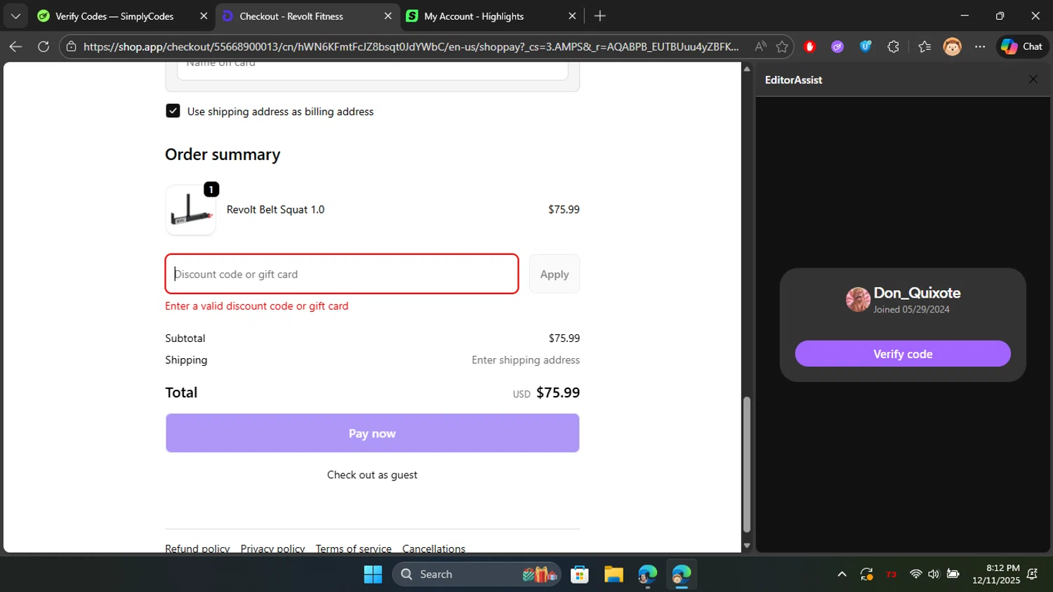 Revolt Fitness discount code screenshot showing code BF25 applied at Revolt Fitness checkout page. Uploaded by SimplyCodes community member Don_Quixote on Dec 12, 2025