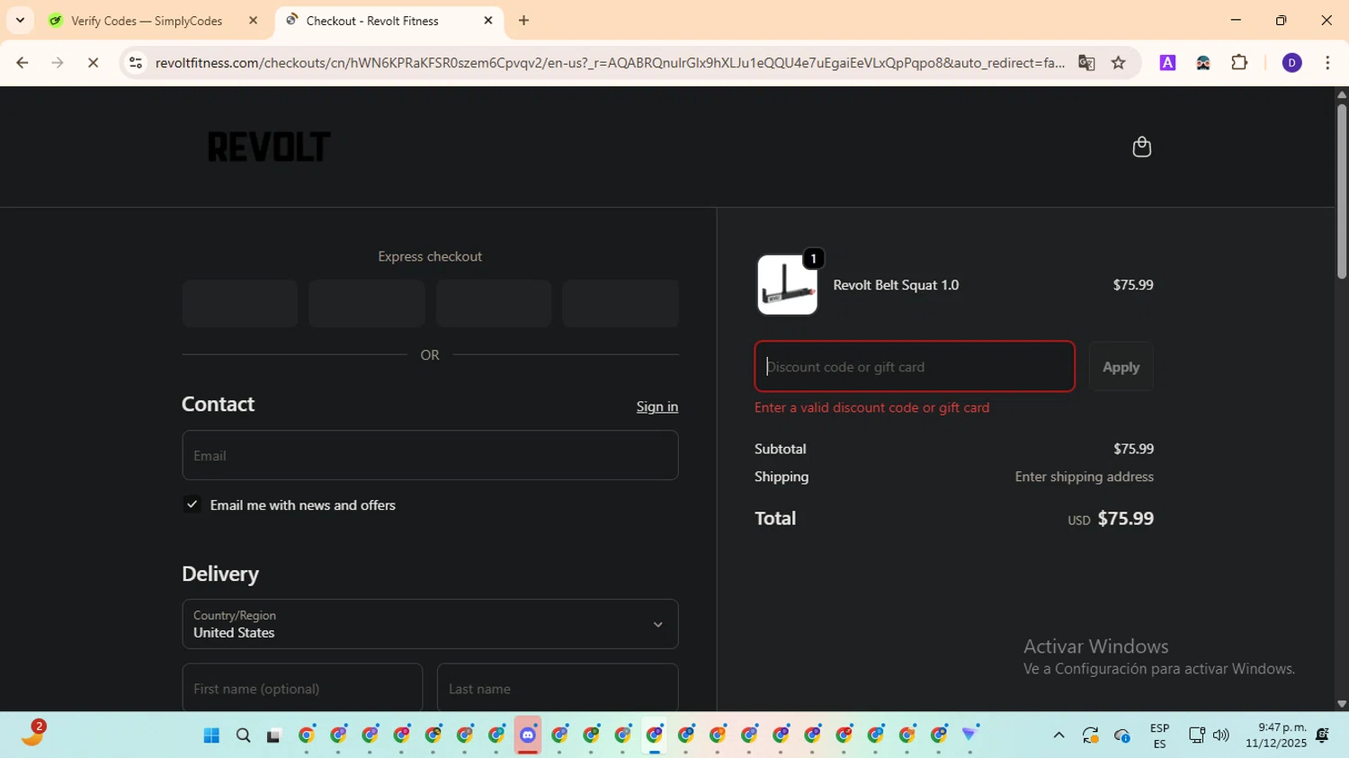 Revolt Fitness discount code screenshot showing code BF25 applied at Revolt Fitness checkout page. Uploaded by SimplyCodes community member MagnificentFinder9583 on Dec 12, 2025