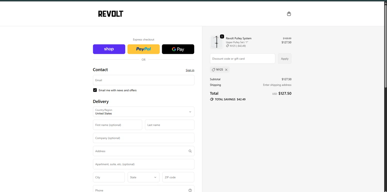 Revolt Fitness discount code screenshot showing code NY25 applied at Revolt Fitness checkout page. Uploaded by SimplyCodes community member ValiantSleuth7563 on Jan 1, 2026