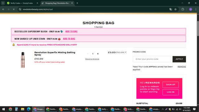 Revolution Beauty checkout page showing Revolution Beauty discount code box | Screenshot taken by SimplyCodes community member on Sep 14, 2025