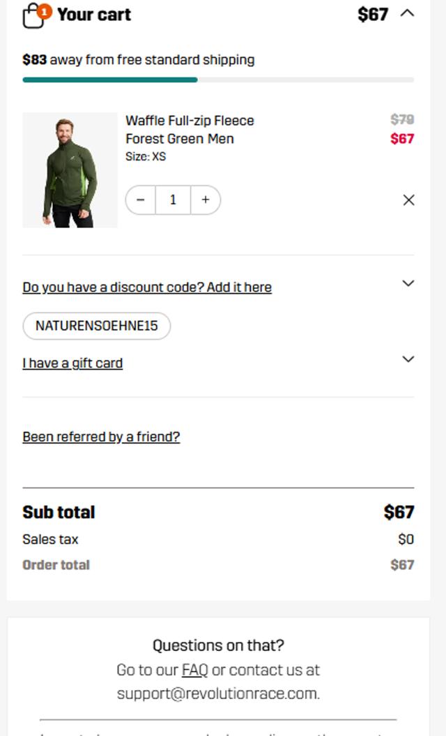 RevolutionRace checkout page showing RevolutionRace promo code box | Screenshot taken by SimplyCodes community member on Jul 24, 2025
