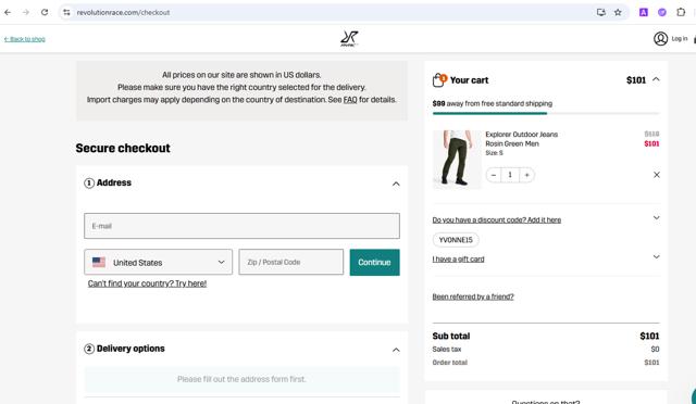 RevolutionRace checkout page showing RevolutionRace promo code box | Screenshot taken by SimplyCodes community member on Aug 18, 2025