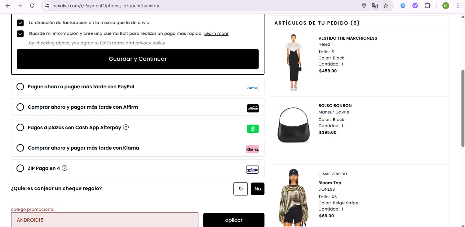Revolve promo code screenshot showing code ANDROID15 applied at Revolve checkout page. Uploaded by SimplyCodes community member SaleSentinel7319 on Aug 28, 2025