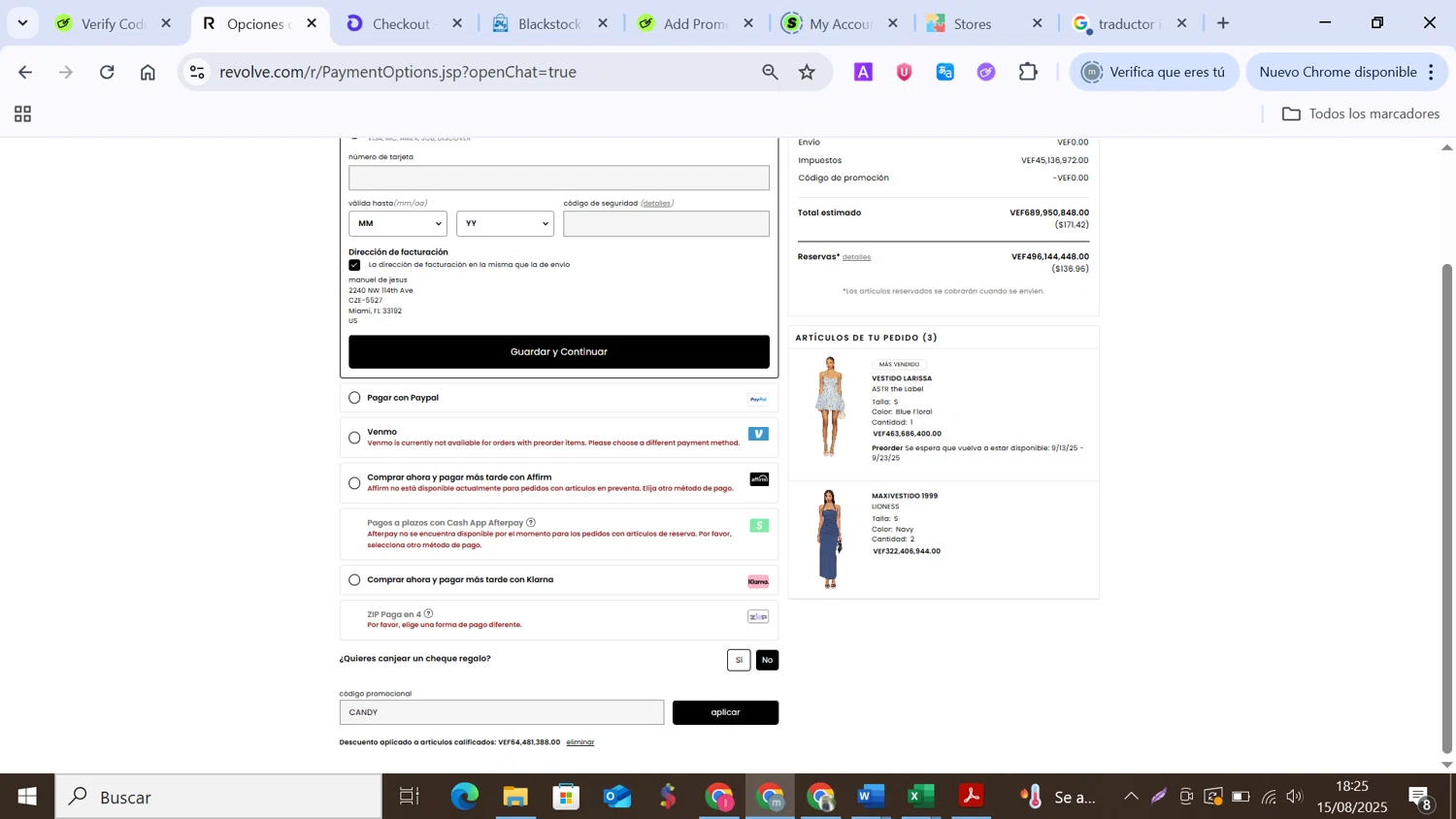 Revolve promo code screenshot showing code CANDY applied at Revolve checkout page. Uploaded by SimplyCodes community member MANUELURBINA on Aug 15, 2025