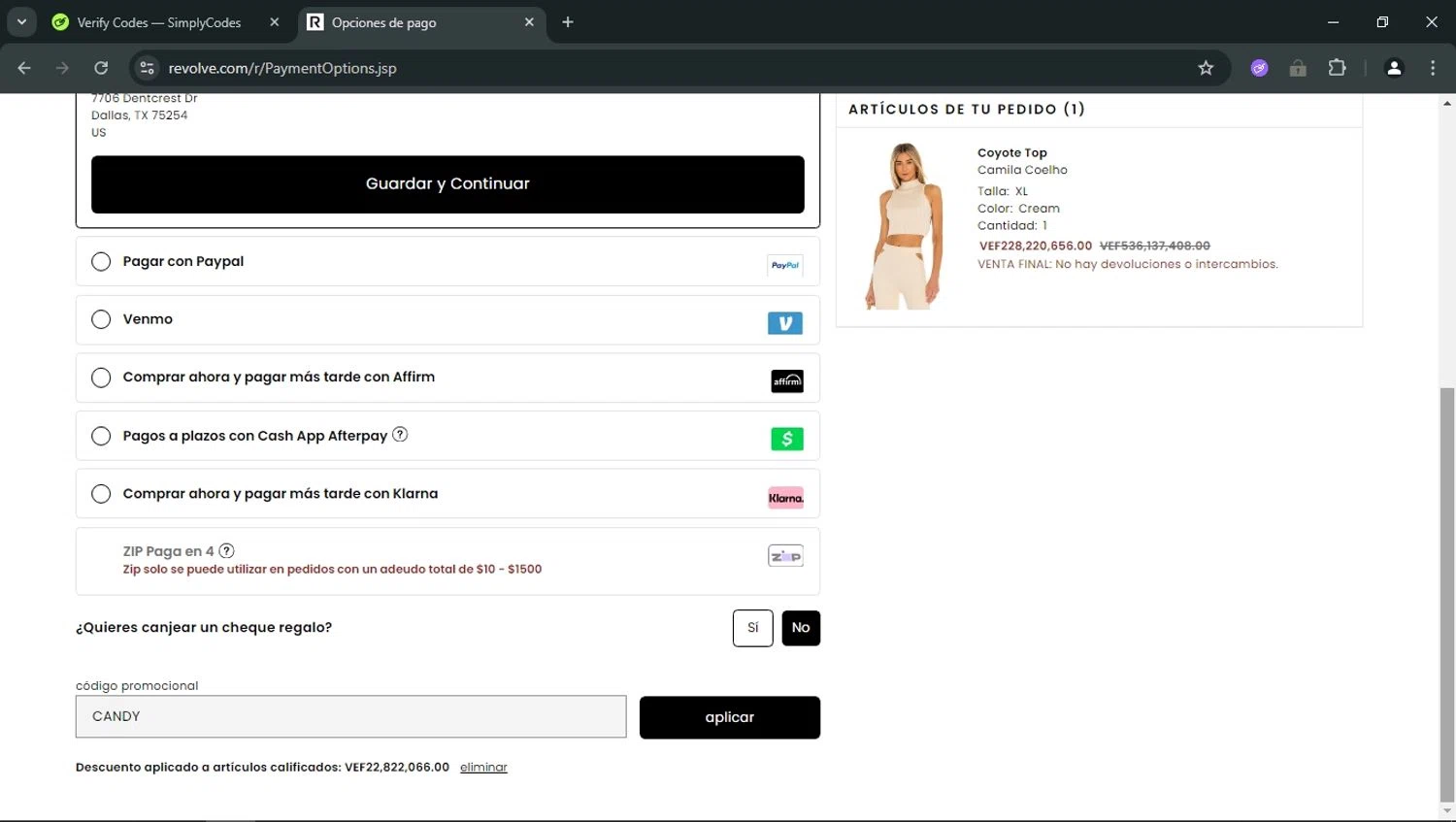 Revolve promo code screenshot showing code CANDY applied at Revolve checkout page. Uploaded by SimplyCodes community member RoyalOwl5790 on Aug 1, 2025