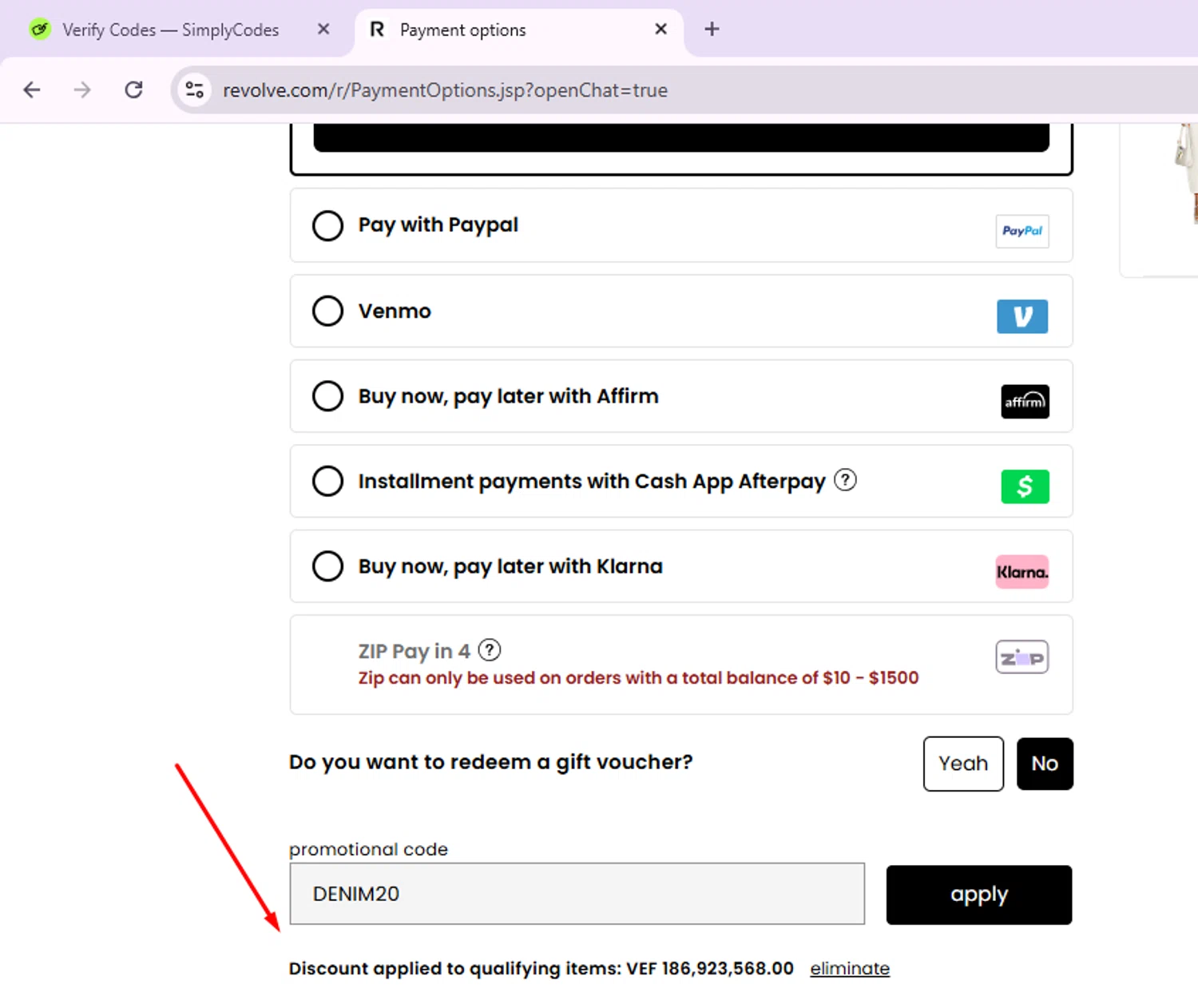 Revolve promo code screenshot showing code DENIM20 applied at Revolve checkout page. Uploaded by SimplyCodes community member Morketools on Aug 25, 2025