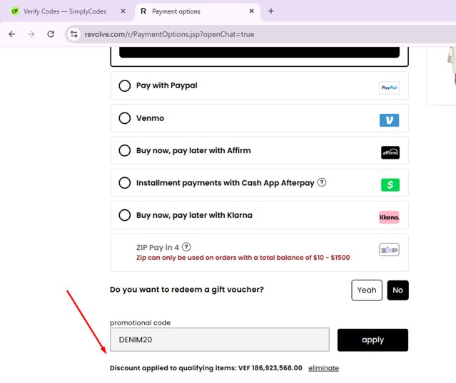 Revolve checkout page showing Revolve promo code box | Screenshot taken by SimplyCodes community member on Aug 25, 2025