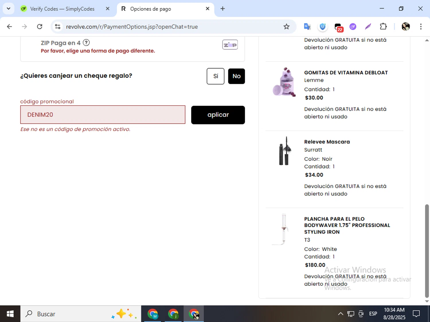 Revolve promo code screenshot showing code DENIM20 applied at Revolve checkout page. Uploaded by SimplyCodes community member mariapolancog on Aug 28, 2025