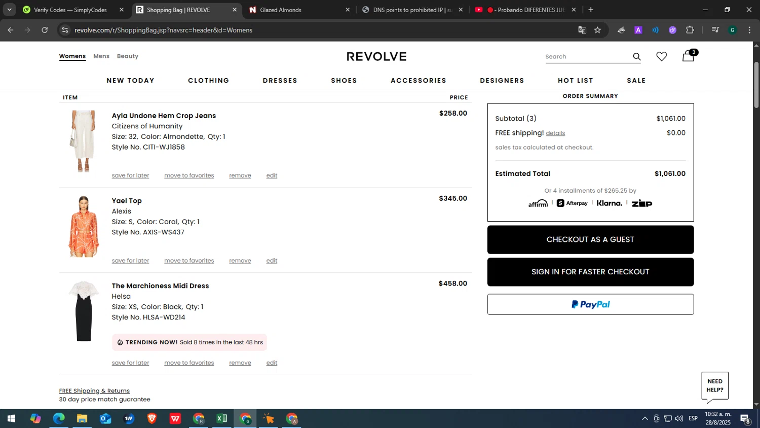 Revolve promo code screenshot showing code DENIM20 applied at Revolve checkout page. Uploaded by SimplyCodes community member yasabesssss on Aug 28, 2025