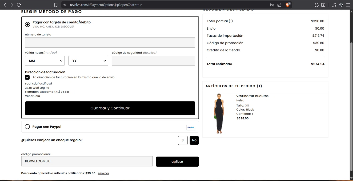 Revolve promo code screenshot showing code REVWELCOME10 applied at Revolve checkout page. Uploaded by SimplyCodes community member juanvargas1 on Aug 23, 2025
